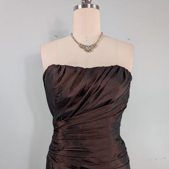 Prom Dress Maxi Gown M Brown Glam Strapless Mermaid Pleat Mother Tie Classic - Picture 5 of 10
